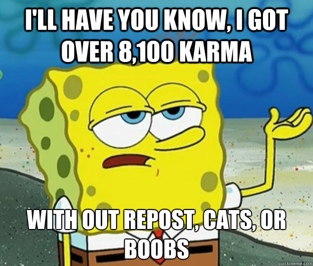 I'll have you know, i got over 8,100 karma with out repost, cats, or boobs  Tough Spongebob