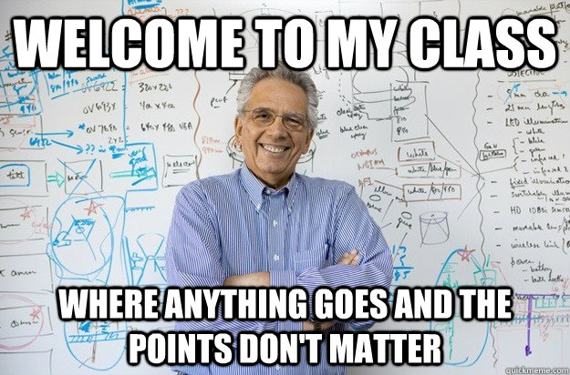 Welcome to my class Where anything goes and the points don't matter  Engineering Professor