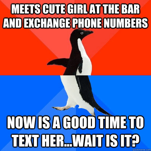 Meets cute girl at the bar and exchange phone numbers now is a good time to text her...wait is it?  Socially Awesome Awkward Penguin