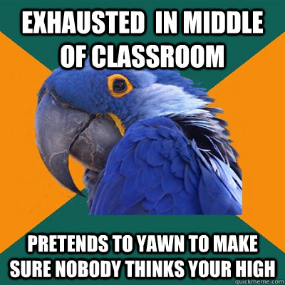 Exhausted  in middle of classroom pretends to yawn to make sure nobody thinks your high  Paranoid Parrot