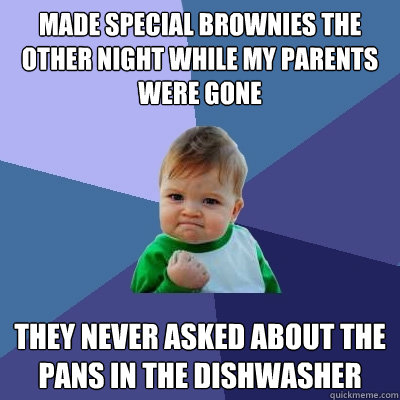 Made special brownies the other night while my parents were gone They never asked about the pans in the dishwasher  Success Kid