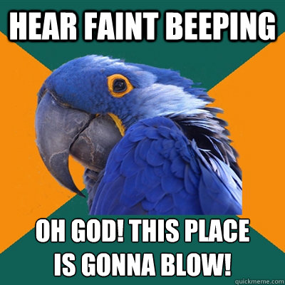 hear faint beeping oh god! this place 
is gonna blow!  Paranoid Parrot