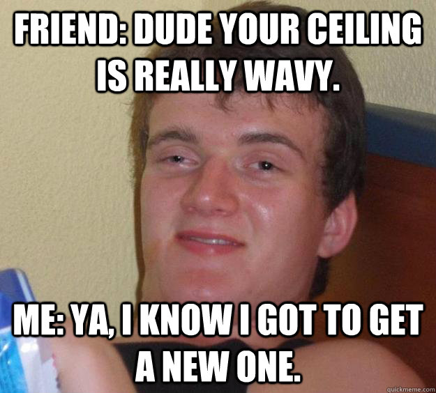 Friend: Dude your ceiling is really wavy. Me: Ya, I know I got to get a new one. - Friend: Dude your ceiling is really wavy. Me: Ya, I know I got to get a new one.  10 Guy