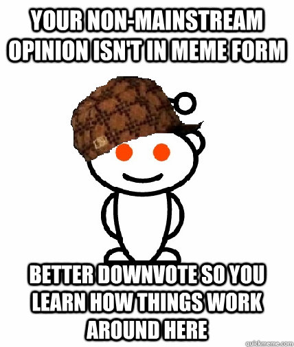 Your non-mainstream opinion isn't in meme form Better downvote so you learn how things work around here  Scumbag Redditor