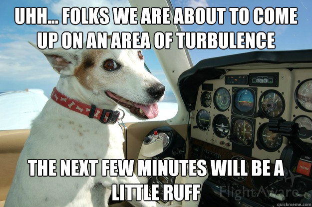 uhh... Folks we are about to come up on an area of turbulence  The next few minutes will be a little ruff - uhh... Folks we are about to come up on an area of turbulence  The next few minutes will be a little ruff  Co-Pilot Dog