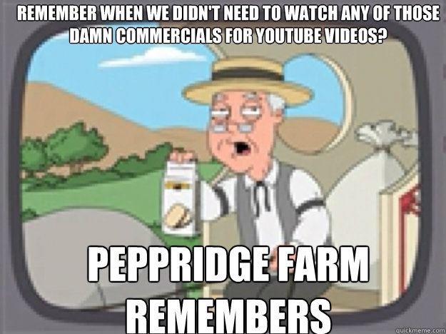 Remember when we didn't need to watch any of those damn commercials for youtube videos? PEPPRIDGE FARM REMEMBERS  