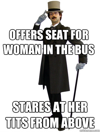 offers seat for woman in the bus stares at her tits from above  