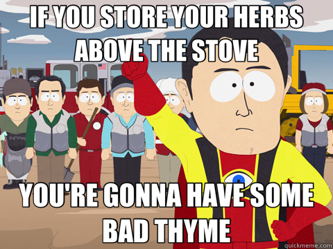 IF YOU STORE YOUR HERBS ABOVE THE STOVE YOU'RE GONNA HAVE SOME BAD THYME  Captain Hindsight