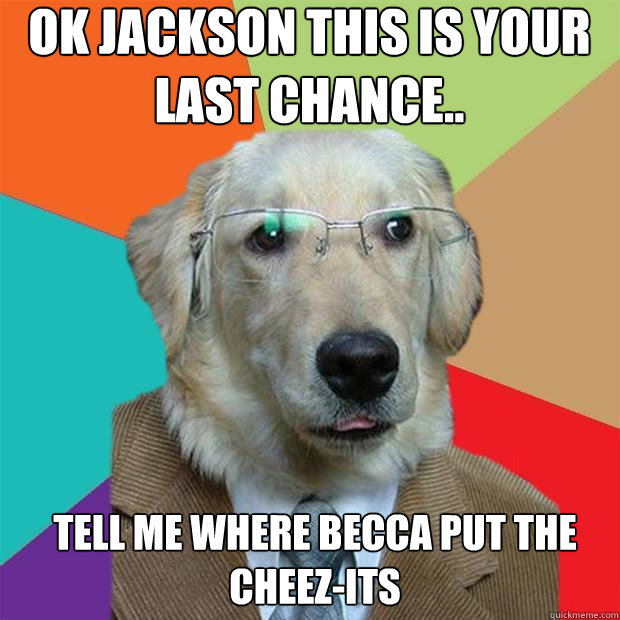 OK jackson this is your last chance..
 Tell me where becca put the cheez-its  Business Dog