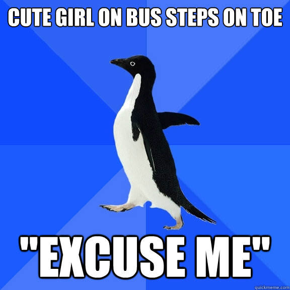 cute girl on bus steps on toe 