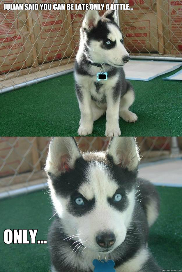 Julian said you can be late only a little... Only...  Insanity puppy