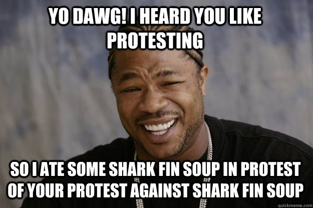 Yo dawg! I heard you like protesting So I ate some shark fin soup in protest of your protest against shark fin soup   Xzibit meme