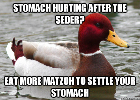 Stomach hurting after the seder? eat more matzoh to settle your stomach  Malicious Advice Mallard