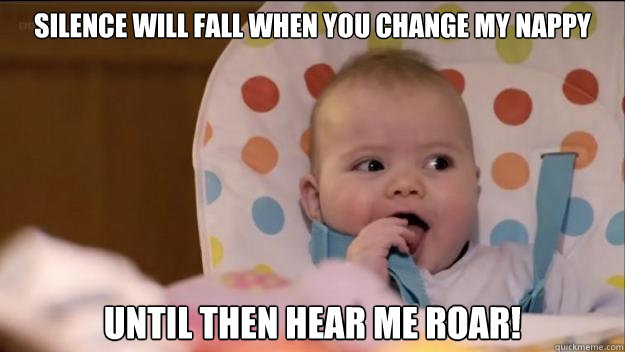 Silence will fall when you change my nappy Until then hear me roar!  Stormageddon- Dark Lord of All