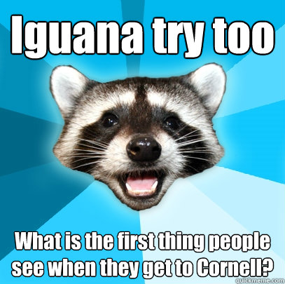 Iguana try too What is the first thing people see when they get to Cornell?  Lame Pun Coon