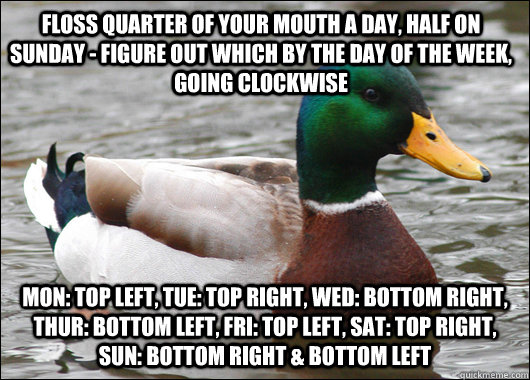 Floss quarter of your mouth a day, half on Sunday - figure out which by the day of the week, going clockwise Mon: Top Left, Tue: Top Right, Wed: Bottom Right, Thur: Bottom Left, Fri: Top Left, Sat: Top Right, Sun: Bottom Right & Bottom Left  Actual Advice Mallard