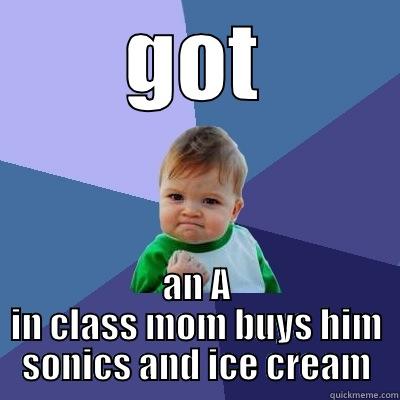 awesome kid - GOT AN A IN CLASS MOM BUYS HIM SONICS AND ICE CREAM Success Kid