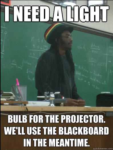 I Need a Light bulb for the projector. We'll use the blackboard in the meantime.  Rasta Science Teacher