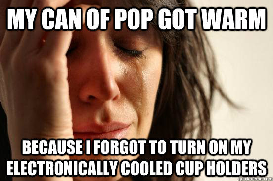 my can of pop got warm because i forgot to turn on my electronically cooled cup holders  First World Problems