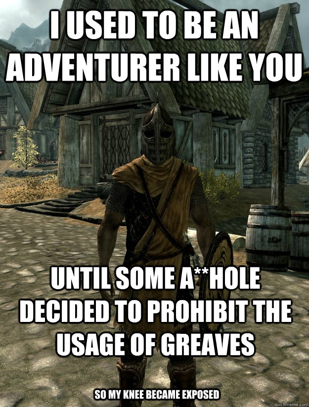 I used to be an adventurer like you until some a**hole decided to prohibit the usage of greaves So my knee became exposed - I used to be an adventurer like you until some a**hole decided to prohibit the usage of greaves So my knee became exposed  SkyrimGuard