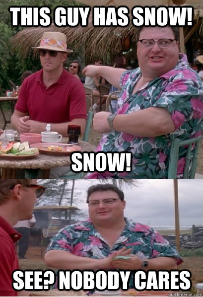 This guy has snow! snow! See? nobody cares  Nobody Cares