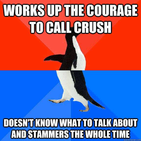 Works up the courage to call crush doesn't know what to talk about and stammers the whole time  Socially Awesome Awkward Penguin