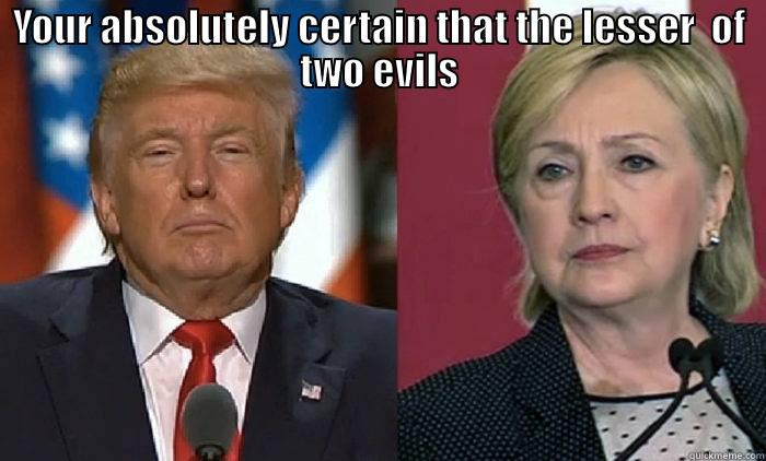 YOUR ABSOLUTELY CERTAIN THAT THE LESSER  OF TWO EVILS ISN'T THE BETTER OF TWO LIARS? Misc
