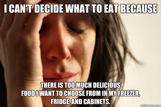 I can't decide what to eat because There is too much delicious
food I want to choose from in my freezer, 
fridge, and cabinets.
 - I can't decide what to eat because There is too much delicious
food I want to choose from in my freezer, 
fridge, and cabinets.
  First World Problems