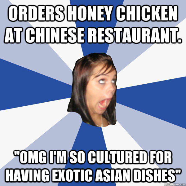 Orders honey chicken at chinese restaurant. 