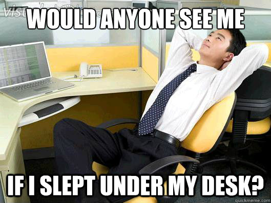 Would anyone see me If i slept under my desk? - Would anyone see me If i slept under my desk?  Office Thoughts