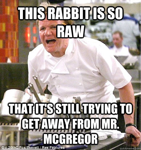 THIS RABBIT IS SO RAW THAT IT'S STILL TRYING TO GET AWAY FROM MR. MCGREGOR  gordon ramsay