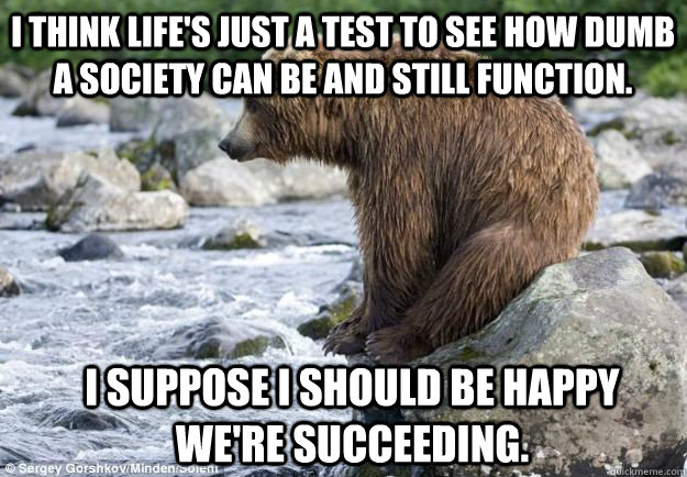 I think life's just a test to see how dumb a society can be and still function. I suppose I should be happy we're succeeding.  