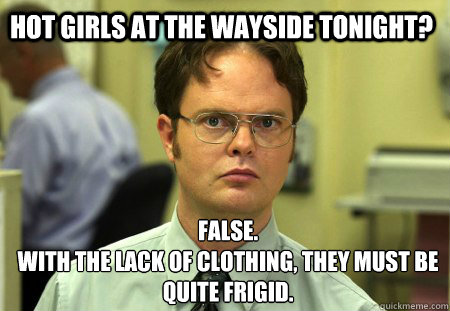 Hot girls at the Wayside tonight? FALSE.  
With the lack of clothing, they must be quite frigid.  Schrute