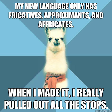 My new language only has fricatives, approximants, and affricates. When I made it, I really pulled out all the stops.  Linguist Llama