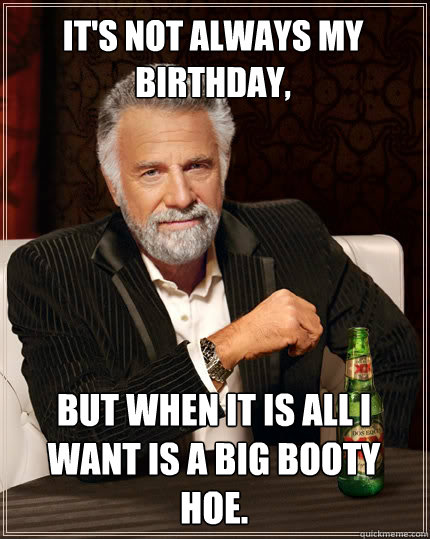 It's not always my birthday, But when it is all i want is a big booty hoe.  The Most Interesting Man In The World