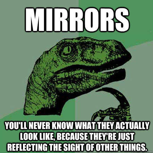 Mirrors You'll never know what they actually look like, because they're just reflecting the sight of other things. - Mirrors You'll never know what they actually look like, because they're just reflecting the sight of other things.  Philosoraptor