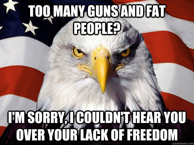 Too many guns and fat people? I'm sorry, I couldn't hear you over your lack of freedom  Evil American Eagle
