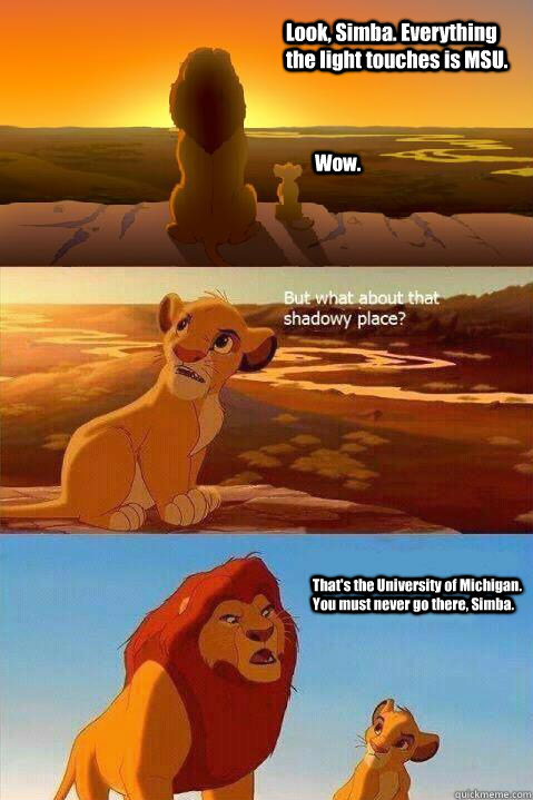 Look, Simba. Everything the light touches is MSU. Wow. That's the University of Michigan. You must never go there, Simba.  - Look, Simba. Everything the light touches is MSU. Wow. That's the University of Michigan. You must never go there, Simba.   Lion King Shadowy Place