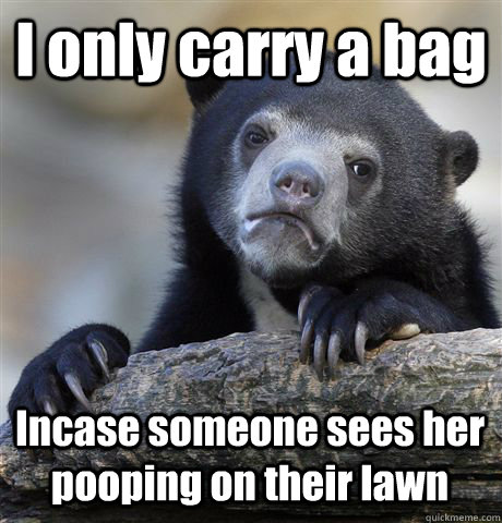 I only carry a bag Incase someone sees her pooping on their lawn  Confession Bear
