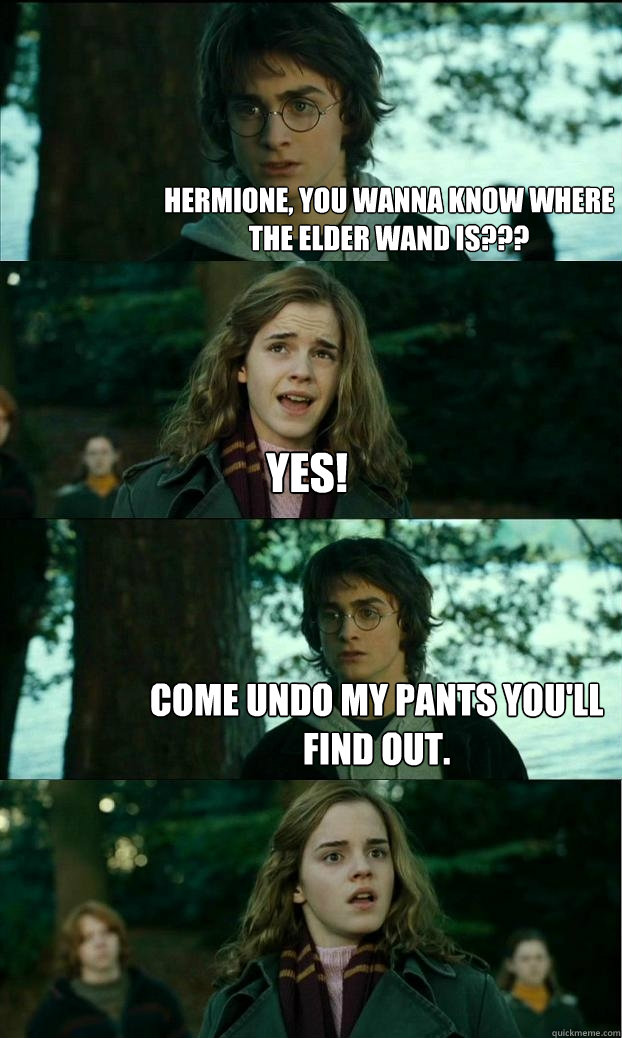 Hermione, you wanna know where the Elder Wand is??? YES! Come undo my pants you'll find out.  Horny Harry