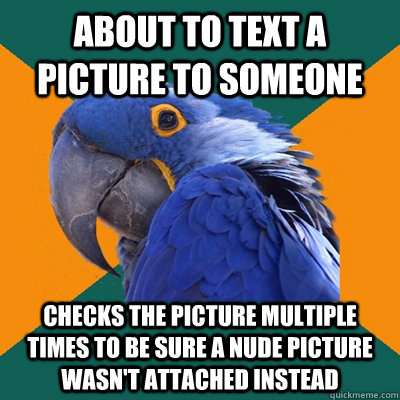 About to text a picture to someone Checks the picture multiple times to be sure a nude picture wasn't attached instead  Paranoid Parrot