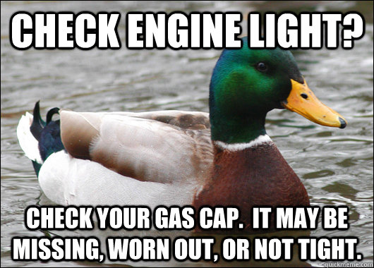 Check engine light? Check your gas cap.  It may be missing, worn out, or not tight.  Actual Advice Mallard