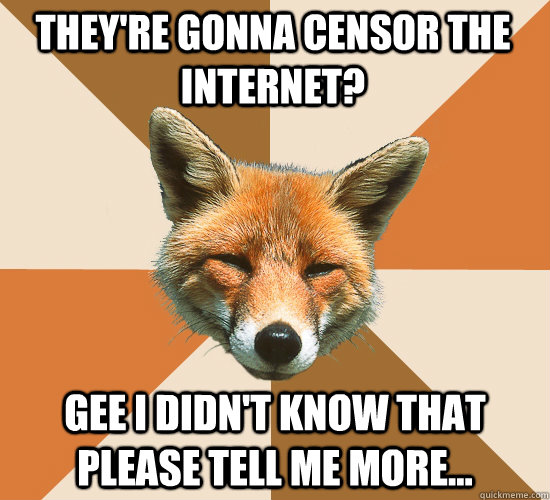 They're gonna censor the internet? Gee I didn't know that please tell me more...  Condescending Fox