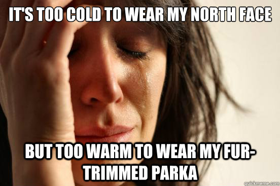 It's too cold to wear my North Face but too warm to wear my fur-trimmed parka  First World Problems