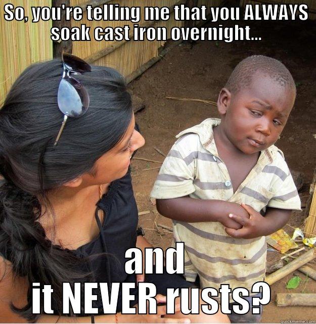SO, YOU'RE TELLING ME THAT YOU ALWAYS SOAK CAST IRON OVERNIGHT... AND IT NEVER RUSTS?  Skeptical Third World Kid
