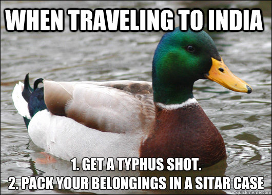 When Traveling To India 1. Get a Typhus shot.  
2. Pack your belongings in a sitar case  Actual Advice Mallard