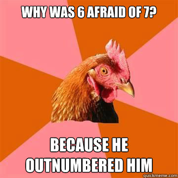 Why was 6 afraid of 7? Because he Outnumbered him  Anti-Joke Chicken