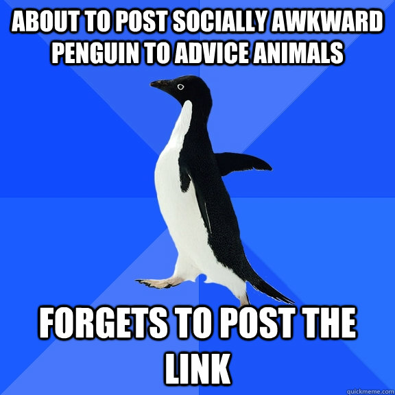 about to post Socially Awkward Penguin to Advice Animals forgets to post the link  Socially Awkward Penguin