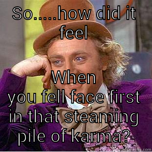 SO.....HOW DID IT FEEL WHEN YOU FELL FACE FIRST IN THAT STEAMING PILE OF KARMA? Condescending Wonka