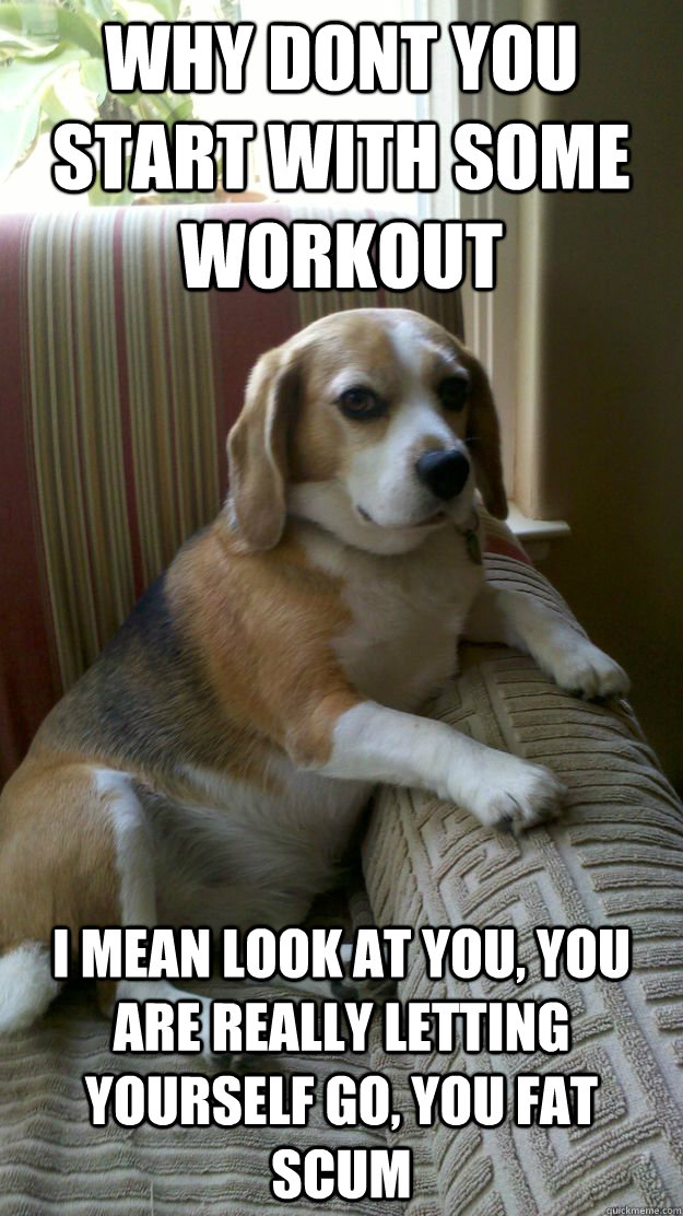 Why dont you start with some workout i mean look at you, you are really letting yourself go, you fat scum - Why dont you start with some workout i mean look at you, you are really letting yourself go, you fat scum  Judgemental Dog